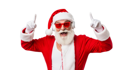 Excited santa claus with heart shaped glasses and headphones pointing up isolated on transparent background cheerful santa claus listening to music and dancing on transparent background