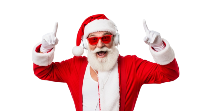 Excited santa claus with heart shaped glasses and headphones pointing up isolated on transparent background cheerful santa claus listening to music and dancing on transparent background - Powered by Adobe
