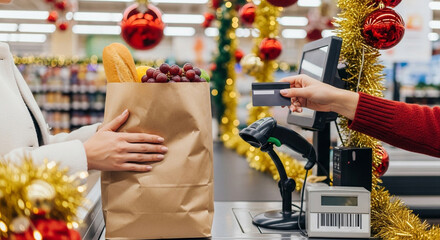 Female hands holding credit card and paper bag at festive supermarket checkout, holiday shopping and payment transaction
