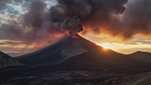 Volcano erupts ash plumes rise mountains frame fiery eruption