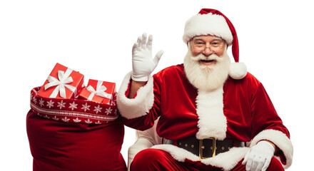 Happy santa claus sitting next to a bag full of presents, waving his hand and smiling, isolated on transparent background christmas is coming soon, be ready