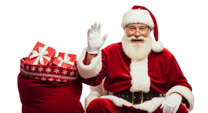 Happy santa claus sitting next to a bag full of presents, waving his hand and smiling, isolated on transparent background christmas is coming soon, be ready
