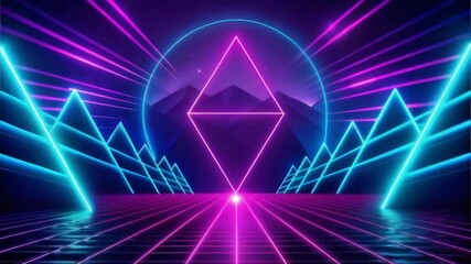 Futuristic neon triangle with glowing mountains and lights - Powered by Adobe