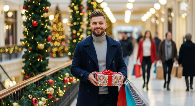 Man carrying shopping bags and gift box in decorated mall, holiday shopping and festive spirit