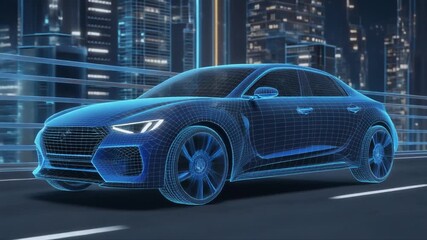 A futuristic blue wireframe car on a city street at night. - Powered by Adobe