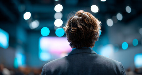 Rear view of a man with wavy hair wearing a suit jacket in a modern conference or event space with blurred colorful lights and screens in the background