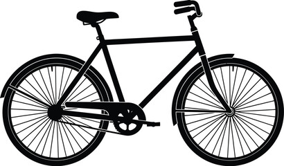 A simple black silhouette of a classic bicycle with visible details