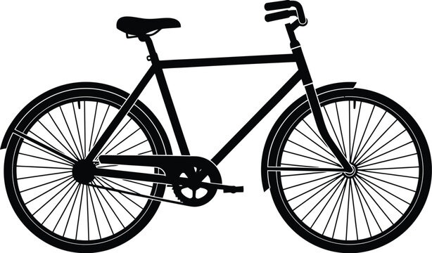 A simple black silhouette of a classic bicycle with visible details