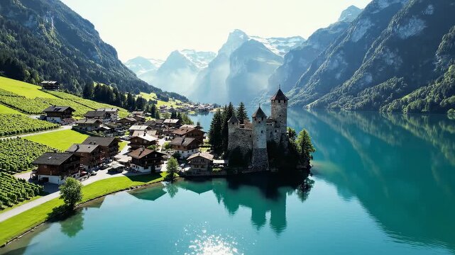 Picturesque Alpine Village with Traditional Houses on a Turquoise Lake and Mountains architecture