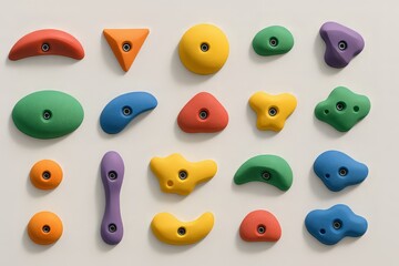 Assorted climbing holds in varied shapes and colors on beige background for climbing competition promo