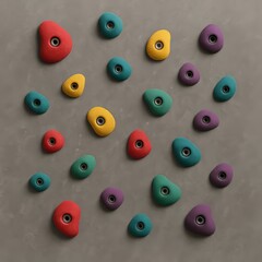 Close view of colorful climbing holds mounted on a gray bouldering wall in an indoor climbing gym