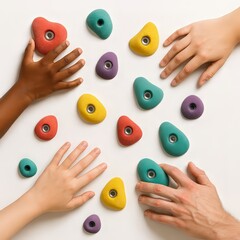 Diverse hands reaching for colorful climbing holds on white background, teamwork and family indoor sports activity