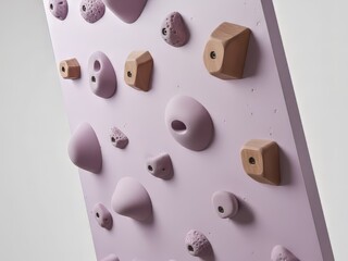 Angled pink climbing wall with mixed holds, modern indoor bouldering surface for training