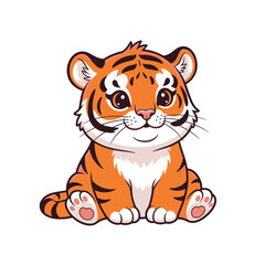 Adorable cartoon tiger cub sitting patiently, a charming illustration for children's books, educational resources, and fun animal-themed projects