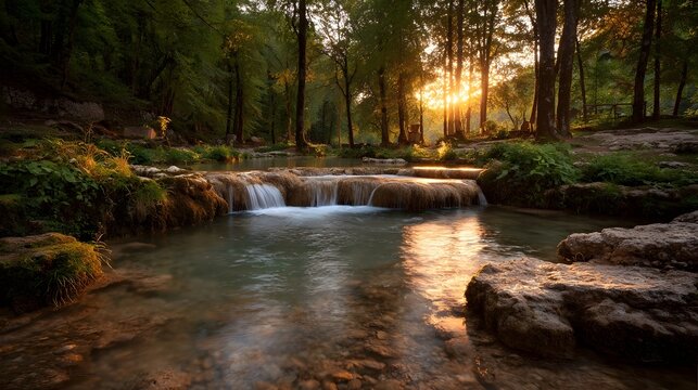 A serene forest stream cascades over rocks in the soft glow of a golden hour sunset