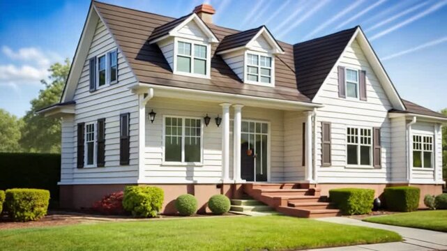 Traditional white suburban house with front yard
