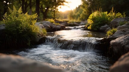 Serene stream flowing gently over rocks surrounded by lush green vegetation and trees during the golden hour