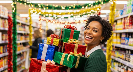 Woman smiling while holding gift boxes, happy shopper carrying holiday presents in decorated supermarket aisle, Christmas shopping and festive retail season