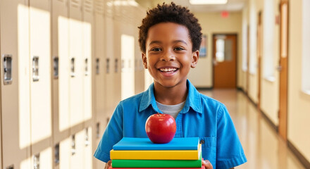 Boy holding books and apple in school hallway, education and learning in academic setting