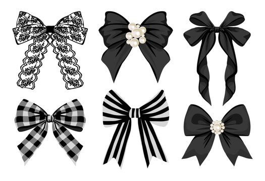 Black Bow Clipart Set, Elegant Lace, Ribbon, Pearl, Gingham, and Striped Vector Ribbons