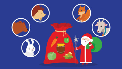 Vector illustration of Santa Claus, reindeer, rabbit, deer, mushroom, bag with food.