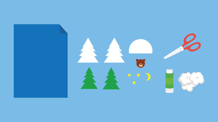 Set of colored paper, scissors, and Christmas trees with threads