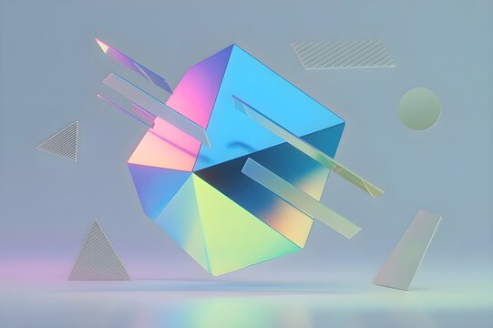 Vibrant explosion of geometric shards radiates from a central triangular core, blending bold neon colors and sharp angular forms into modern abstract energy.