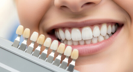 Tooth shade palette and white teeth, smile comparison in dental clinic, dental care and aesthetic dentistry