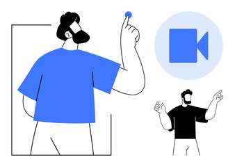 Bearded man pointing at video camera icon with a gesture, symbolizing online communication, virtual interaction, streaming. Ideal for technology, media, tutorials, video calls, remote work social