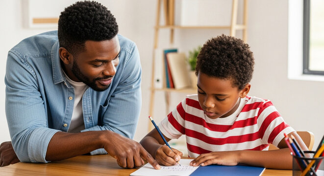 Father helping son with schoolwork in home office, educational guidance and family bonding