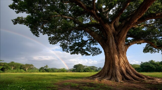 Majestic ancient tree with a massive trunk and lush canopy set against a vibrant rainbow in a cloudy sky - Powered by Adobe