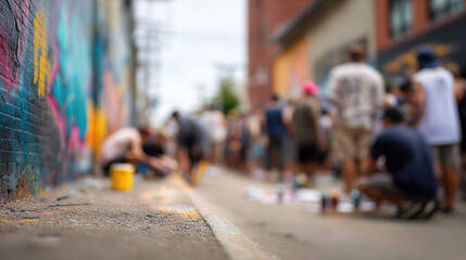 Fototapeta premium Street artists collaborating on a vibrant mural in an alley, showcasing the energy and creativity of urban art, with people painting the brick walls.