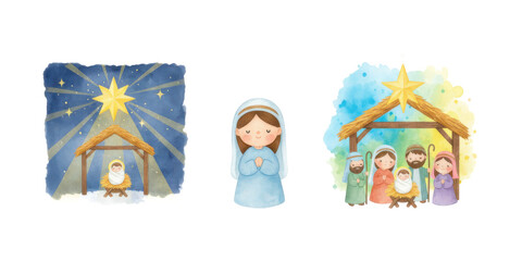 Obraz premium Nativity scenes with stable, star, and baby Jesus in manger