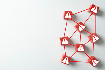 Systemic risk and warning network concept. Connected red blocks with exclamation mark icons symbolizing danger, crisis, error spread, security threats, and critical alerts on a white background.