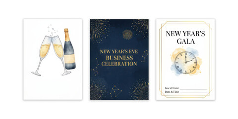New Year's themed champagne glasses, elegant business celebration, and gala invitation design