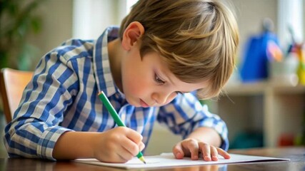 Focused boy writing with pencil at desk in classroom - Powered by Adobe