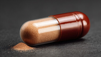 A shiny brown capsule pill rests on a grey surface, some of the powder has spilled creating a small pile next to the medicine.