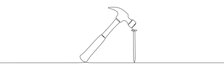 A continuous one-line drawing of a hammer striking a nail, representing construction, work, and precision