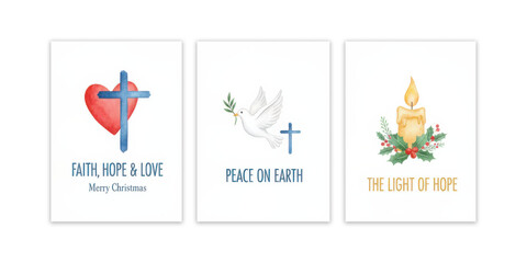 Christian-themed Christmas cards with symbols of faith, hope, and love