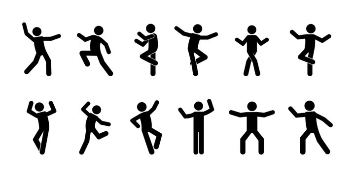 Stickman dance poses set, dancing stick figure silhouette collection, simple minimal vector people in various dance movements and energetic choreography positions.