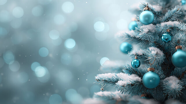 A beautifully decorated Christmas tree, adorned with blue ornaments and glistening with fresh snow. Festive cheer in winter wonderland.