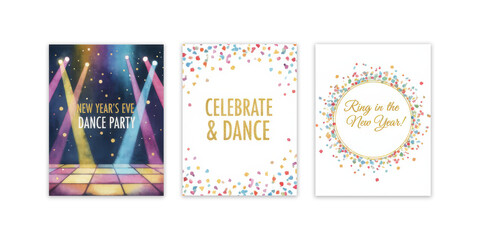 Set of festive New Year's Eve party cards with vibrant colors and celebratory messages