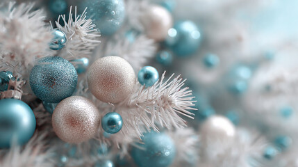 Festive Christmas decorations on a white tree. Ornaments in silver and blue hues shimmer, creating a serene winter holiday atmosphere.
