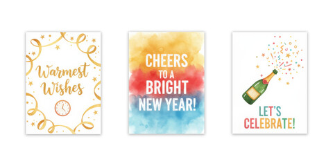 New Year festive greeting cards set with clock, confetti, and champagne