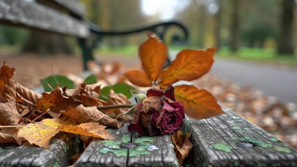 Wilted Flower on an Old Park Bench with Fallen Leaves – AI Generated