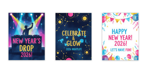 Vibrant New Year's event posters for 2026 with music, nightlife, and festive celebration themes