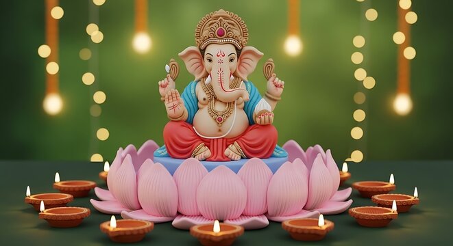 Ganesha idol with lotus and diyas