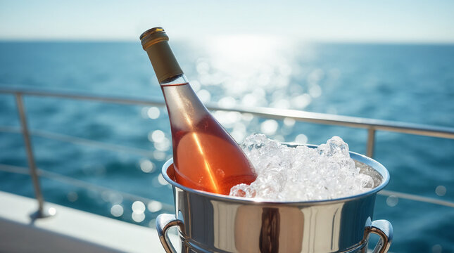 Botella de vino rosado enfri&aacute;ndose en hielo sobre un yate al atardecer