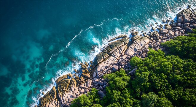 Aerial view tropical turquoise ocean, rocky coast, and vibrant forest.