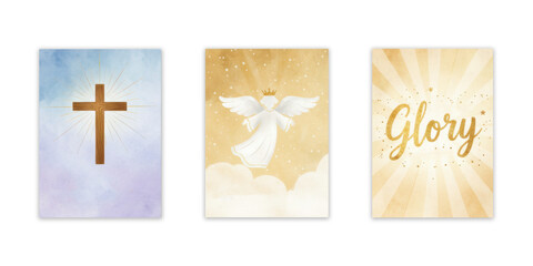 Religious spiritual designs with cross, angel, and word "Glory" on celestial backgrounds